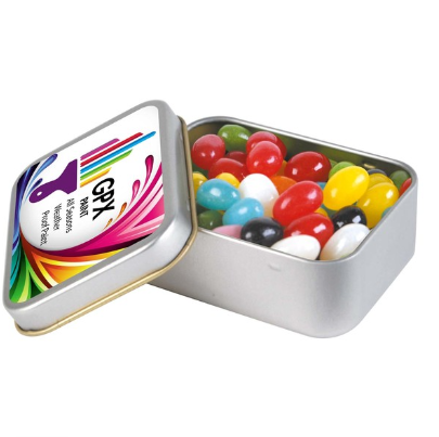 Assorted Colour Mini Jelly Beans in Silver Rectangular Tin | Custom Merchandise | Merchandise | Customised Gifts NZ | Corporate Gifts | Promotional Products NZ | Branded merchandise NZ | Branded Merch | Personalised Merchandise | Custom Promotional