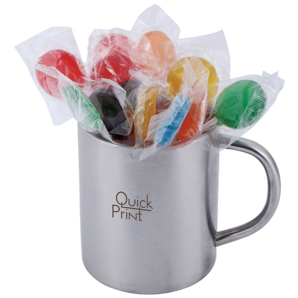 Assorted Colour Lollipops in Java Mug | Branded Lollipops in Mug | Printed Lollipops in Mug NZ | Withers & Co