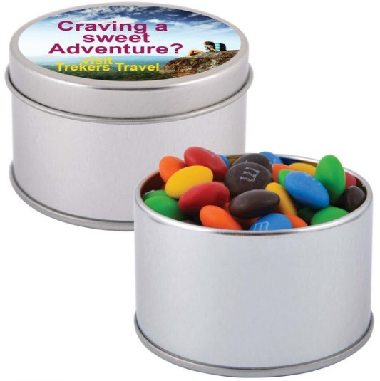 M&M's in Silver Round Tin | Confectionery Manufacturers NZ | Custom Merchandise | Merchandise | Customised Gifts NZ | Corporate Gifts | Promotional Products NZ | Branded merchandise NZ | Branded Merch | Personalised Merchandise | Custom Promotional 