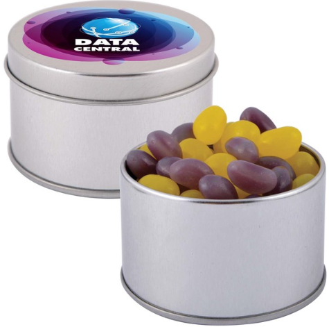 Corporate Colour Mini Jelly Beans in Silver Round Tin | Confectionery Manufacturers NZ | Custom Merchandise | Merchandise | Customised Gifts NZ | Corporate Gifts | Promotional Products NZ | Branded merchandise NZ | Branded Merch | Personalised Merchandise