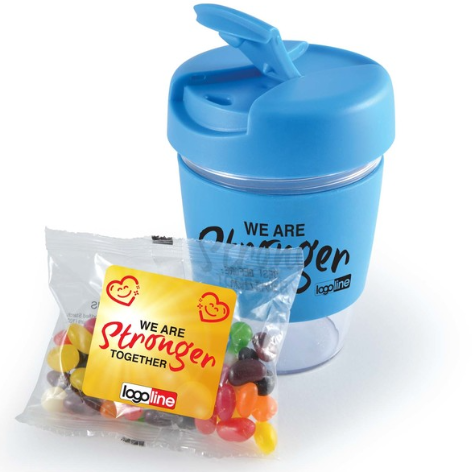 Kick Coffee Cup with Jelly Beans | Personalised Cup | Reusable Coffee Cup | Confectionery Manufacturers NZ | Custom Merchandise | Merchandise | Customised Gifts NZ | Corporate Gifts | Promotional Products NZ | Branded merchandise NZ | Branded Merch | 