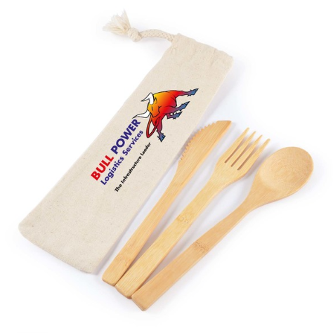 Miso Bamboo Cutlery Set in Calico Pouch | Custom Cutlery Set | Customised Cutlery Set | Personalised Cutlery Set | Custom Merchandise | Merchandise | Customised Gifts NZ | Corporate Gifts | Promotional Products NZ | Branded merchandise NZ | Branded Merch 