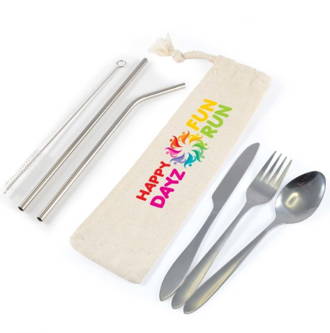Banquet Stainless Steel Cutlery & Straw Set in Calico Pouch | Custom Stainless Steel Cutlery | Customised Stainless Steel Cutlery | Personalised Stainless Steel Cutlery | Custom Merchandise | Merchandise | Customised Gifts NZ | Corporate Gifts | 