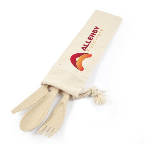 Delish Eco Cutlery Set in Calico Pouch | Custom Cutlery Set | Customised Cutlery Set | Personalised Cutlery Set | Custom Merchandise | Merchandise | Customised Gifts NZ | Corporate Gifts | Promotional Products NZ | Branded merchandise NZ | Branded Merch |